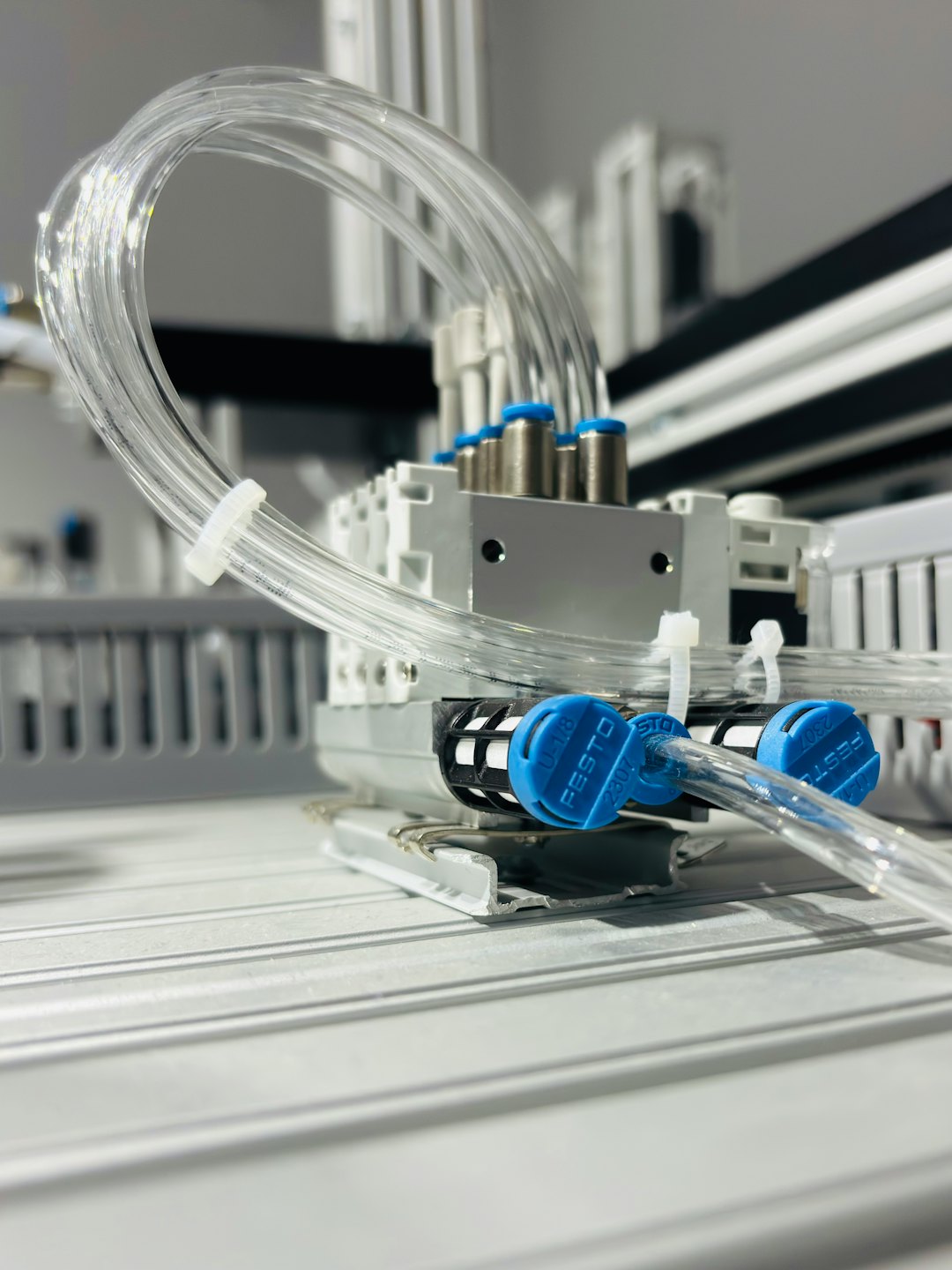 Clear tubes connect to a blue and silver manifold in a pneumatic system.